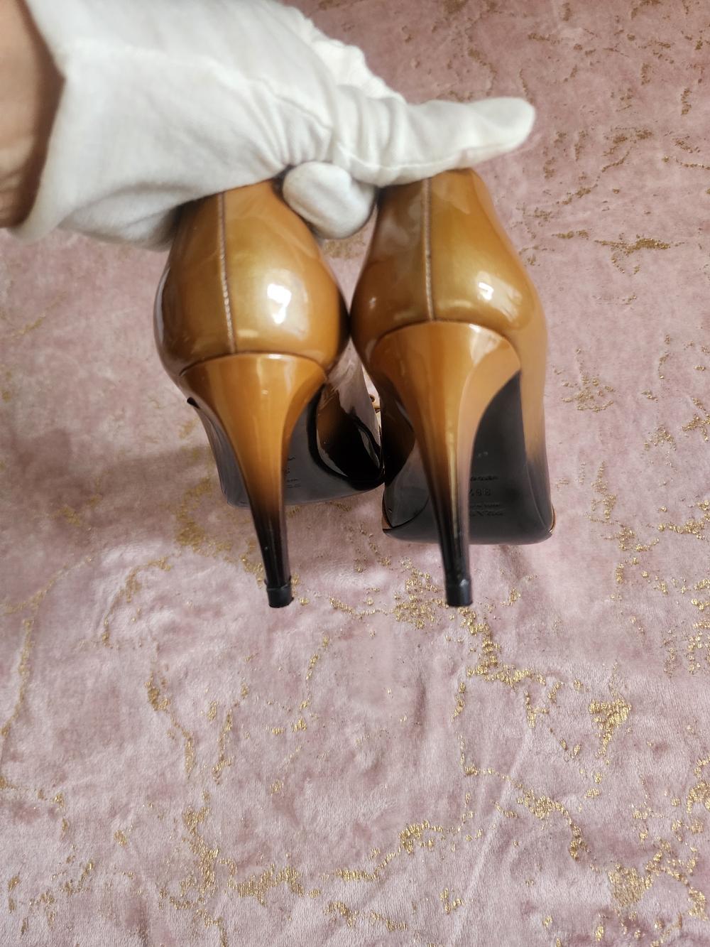 PRADA | Two-Tone Brown Patent Peep-Toe Heels with Bow - Picture 7 of 13